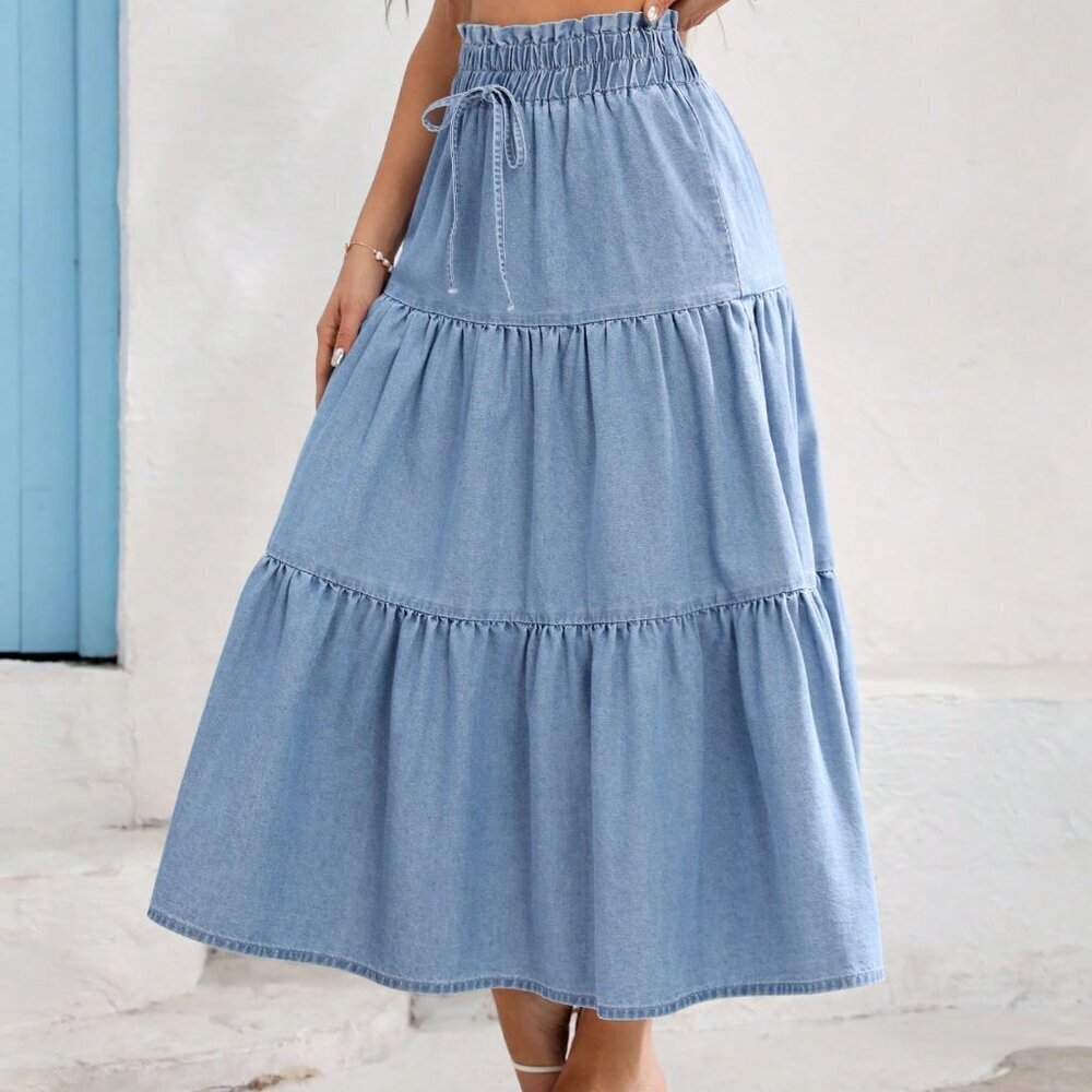 Light Blue Boho Women's Loose Elastic Waist Denim Skirt - Picture 5 of 6